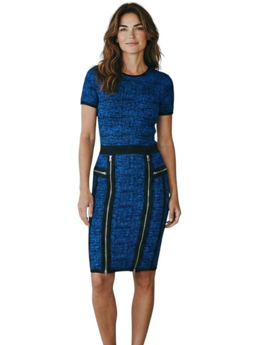 Marchesa Voyage Textured Knit Zip Moto Sheath Dress Blue Black Short Sleeve Sz S